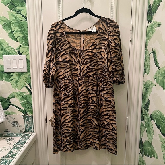 NWT BA&SH Zola Puff-sleeve Linen-blend Tiger Print Mini Dress Size L - Picture 6 of 15